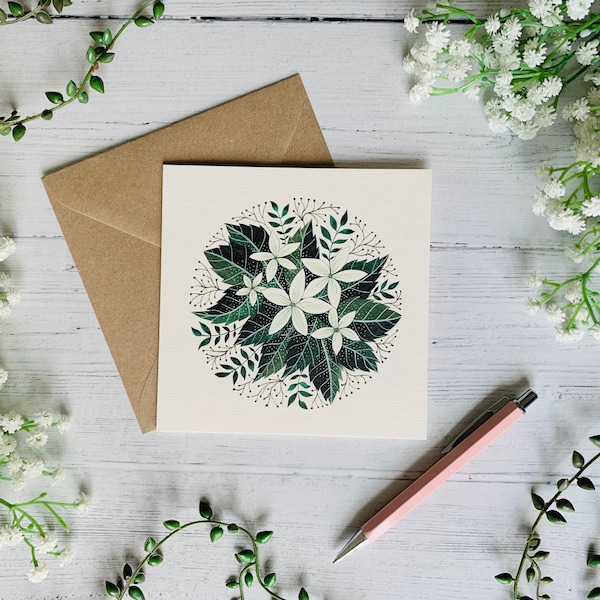 Jasmine White Flower Greeting Card - Watercolour Garden Floral Card - Nature Illustrated - Botanical Notecard - Blank Inside