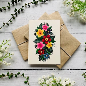 Carte postale tropicale de fleurs et de feuilles - forêt tropicale lumineuse - nature botanique illustrée - carte de note aquarelle - carte A6 - impression d'art