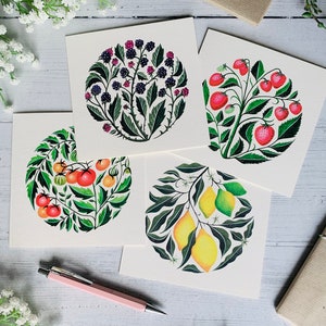 Fruit Botanicals Greeting Card Set of 4 - Art Cards Multipack - Watercolour Illustrated Pack - Tomatoes Berries Lemons - Luxury