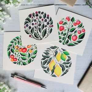 Fruit Botanicals Greeting Card Set of 4 - Art Cards Multipack - Watercolour Illustrated Pack - Tomatoes Berries Lemons - Luxury