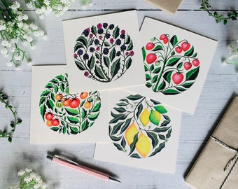 Fruit Botanicals Greeting Card Set of 4 - Art Cards Multipack - Watercolour Illustrated Pack - Tomatoes Berries Lemons - Luxury