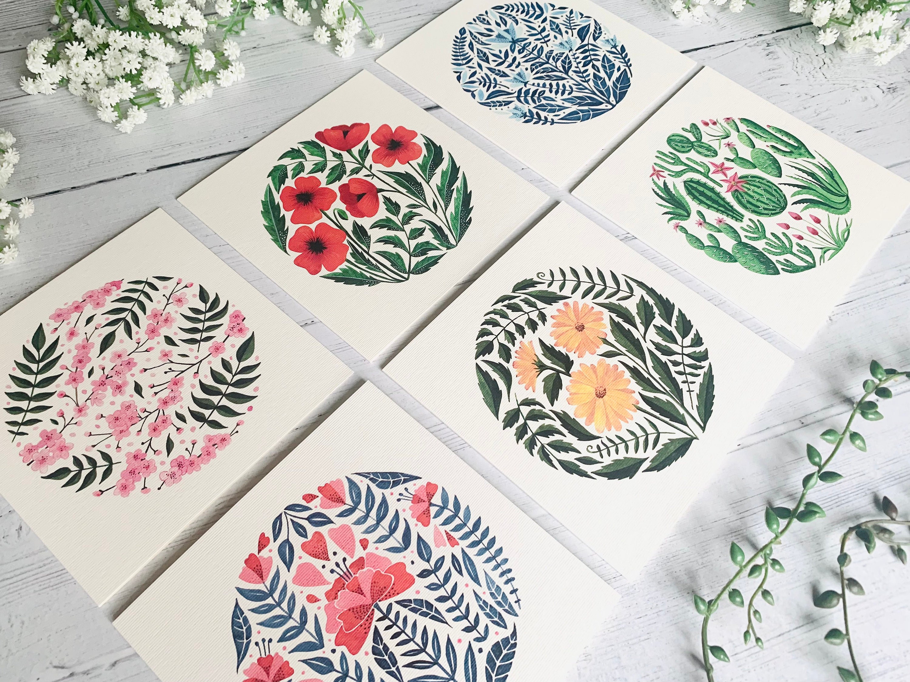 Greeting Card Pack of 6 - Floral Art Cards Multipack - Watercolour ...