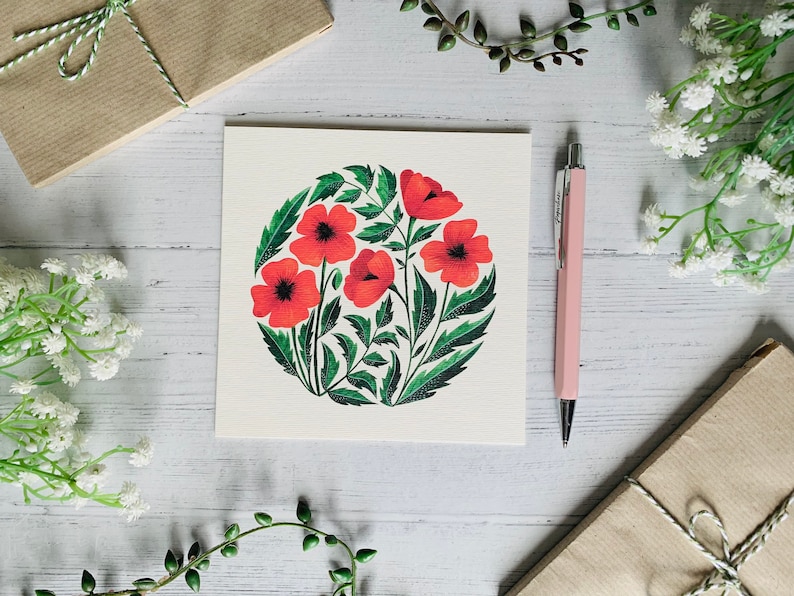 Poppy Greeting Card Floral Poppies Watercolour Illustrated Art Card Botanical Flower Painting Blank Inside Envelope Included image 2