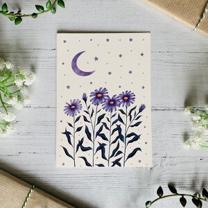 Set of 6 Cosmic Floral Postcards Moon and Stars Collection Space Watercolour Blue and Purple Notecards Pack Art Cards image 4