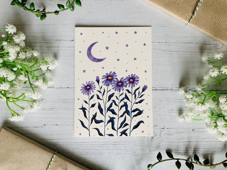 Set of 6 Cosmic Floral Postcards Moon and Stars Collection Space Watercolour Blue and Purple Notecards Pack Art Cards image 4