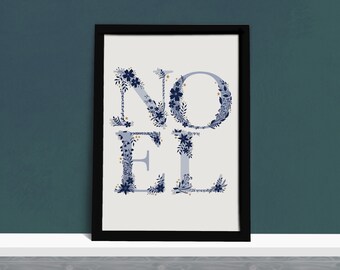NOEL Kunstdruck Weihnachten - Blaue festliche Blumendekoration - Illustrierte Wandkunst