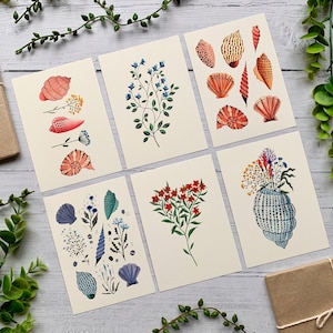 Seashells & Flowers Postcard Set of 6 - Coastal Wildflower Collection - Watercolour Floral Notecards Pack - Illustrated - A6 Art Cards