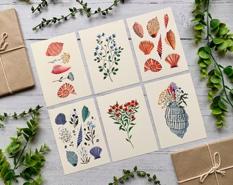 Seashells & Flowers Postcard Set of 6 - Coastal Wildflower Collection - Watercolour Floral Notecards Pack - Illustrated - A6 Art Cards