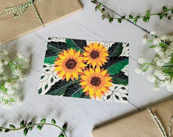 Sunflowers Postcard - Garden Flower Card - Nature Illustrated - Watercolour Notecard - A6 Botanical Yellow Floral Card - Small Art Print