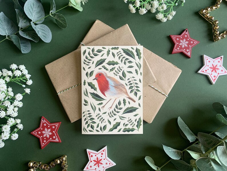 Conjunto de postales navideñas de 6 Paquete múltiple de tarjetas de arte con ilustración de follaje navideño festivo botánico Acuarela botánica imagen 8
