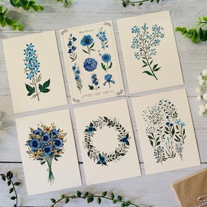 Blue Floral Postcard Set of 6 - Wildflowers and Leaves - Botanical Notecards Pack - Nature Illustrated - A6 Flower Art Cards - Mini Prints