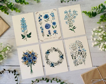 Blue Floral Postcard Set of 6 - Wildflowers and Leaves - Botanical Notecards Pack - Nature Illustrated - A6 Flower Art Cards - Mini Prints