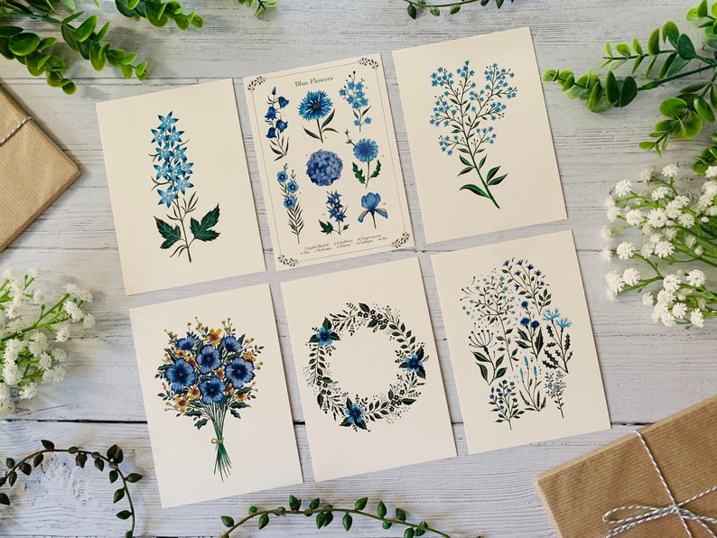 Blue Floral Postcard Set of 6 Wildflowers and Leaves Botanical Notecards Pack Nature Illustrated A6 Flower Art Cards Mini Prints image 1