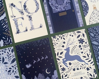 Festive Set of 8 Postcards - Scandinavian Christmas Pack - Blue Xmas Illustration Art Card Multipack - Watercolour Botanical