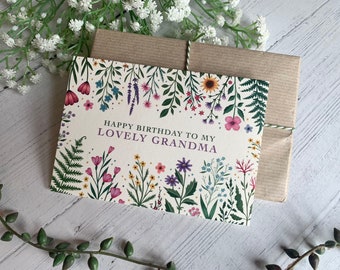 Lovely Grandma Happy Birthday Card - Floral Greeting Card - Art Card for Nan, Nanny, Gran - Bright Garden Flowers