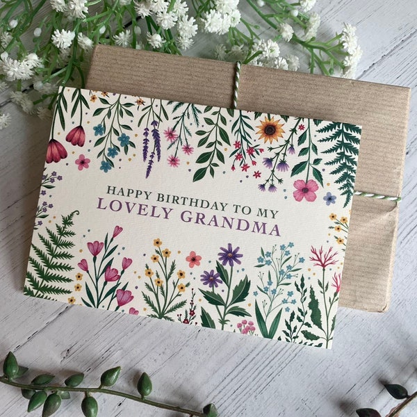 Lovely Grandma Happy Birthday Card - Floral Greeting Card - Art Card for Nan, Nanny, Gran - Bright Garden Flowers