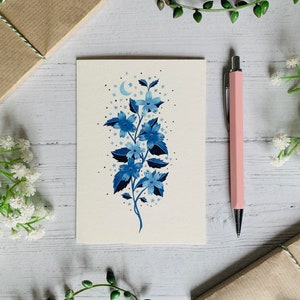 Blauer Blumen Mond Postkarte - Mond und Sterne - Natur Illustriert - Aquarell Blumen und Blätter Notecard - A6 Karte - Kleiner Kunstdruck