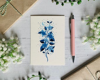 Blue Floral Moon Postcard - Moon and Stars - Nature Illustrated - Watercolour Flowers and Leaves Notecard - A6 Card - Small Art Print