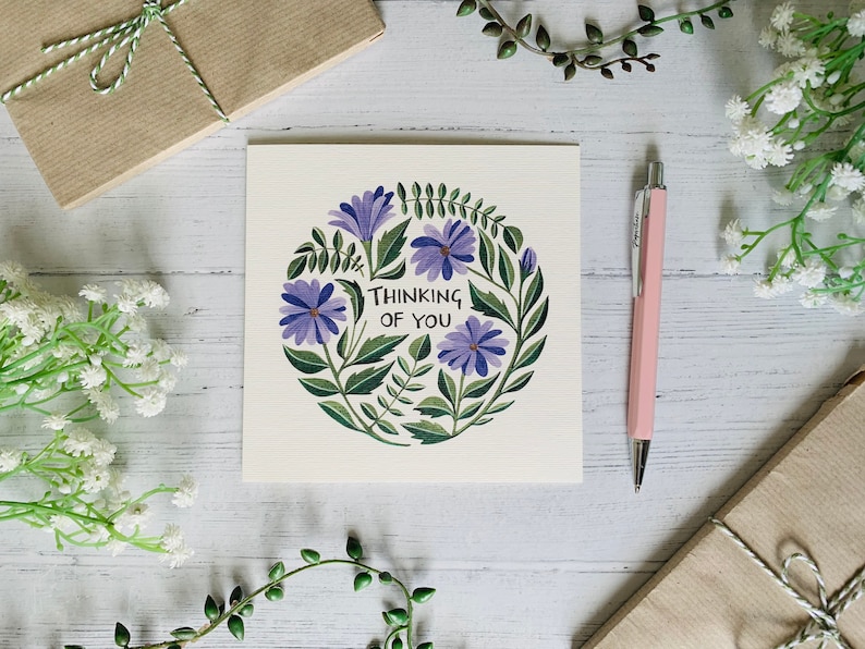 Thinking of You Floral Greeting Card Sympathy Just Because Watercolour Illustrated Botanical Card Blank Inside image 3