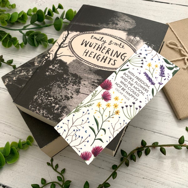 Wildblumen Lesezeichen - Oscar Wilde literarische Zitat - mit Freiheit, Bücher, Blumen und den Mond - illustriert botanische Kunst