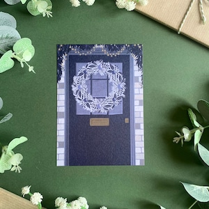 Festliche Haustür Postkarte - Blumenkranz Weihnachten Weihnachtskunst - Blau Elegante Botanische Illustrierte Skandinavische Winterkunst - A6 -