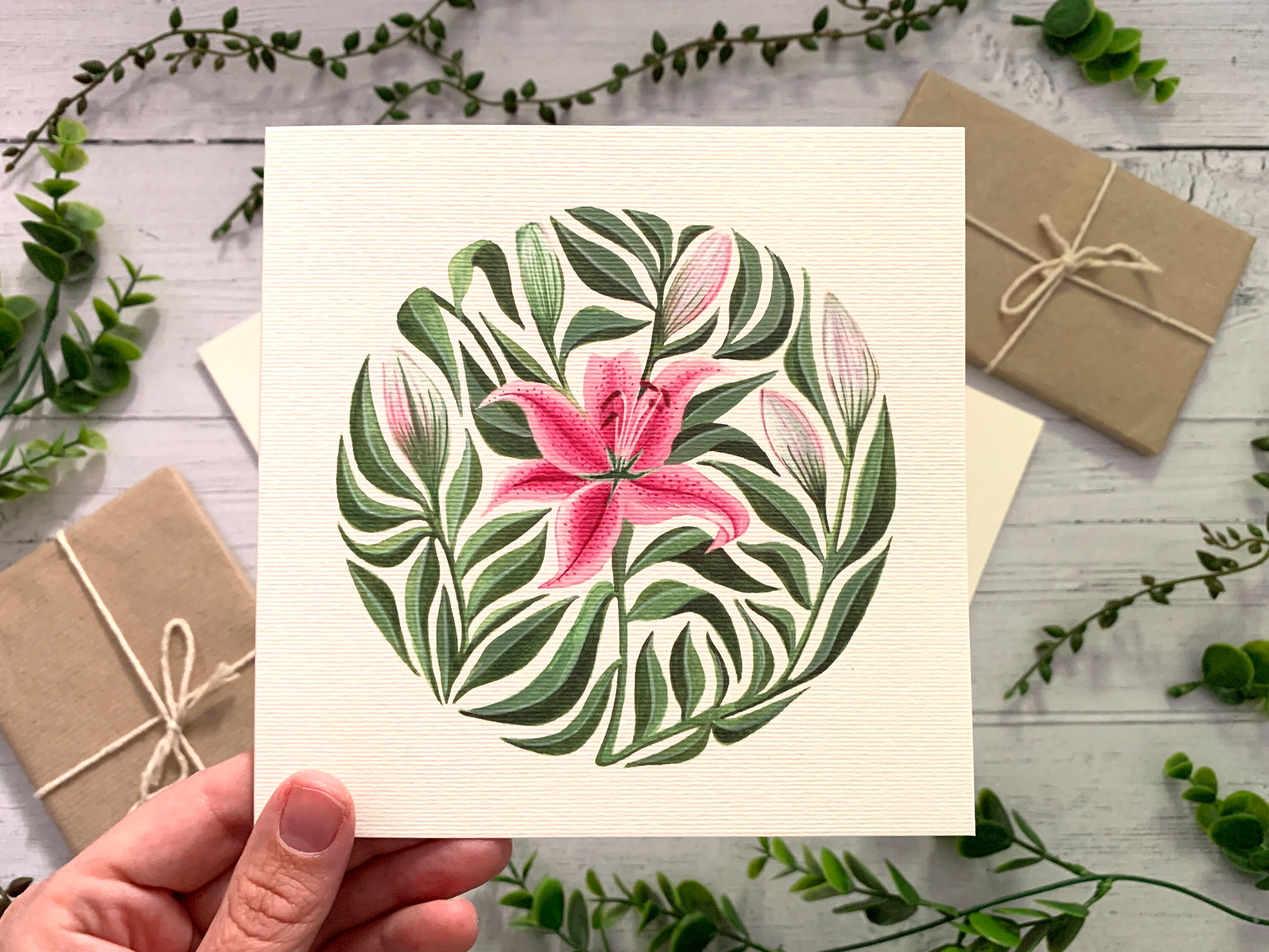 Lily Greeting Card Pink Lilies Floral Illustrated Etsy