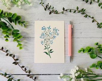 Forget-me-not Floral Postcard - Dainty Blue Flowers - Nature Illustrated - Watercolour Flower Leaves Notecard - A6 Card - Small Art Print