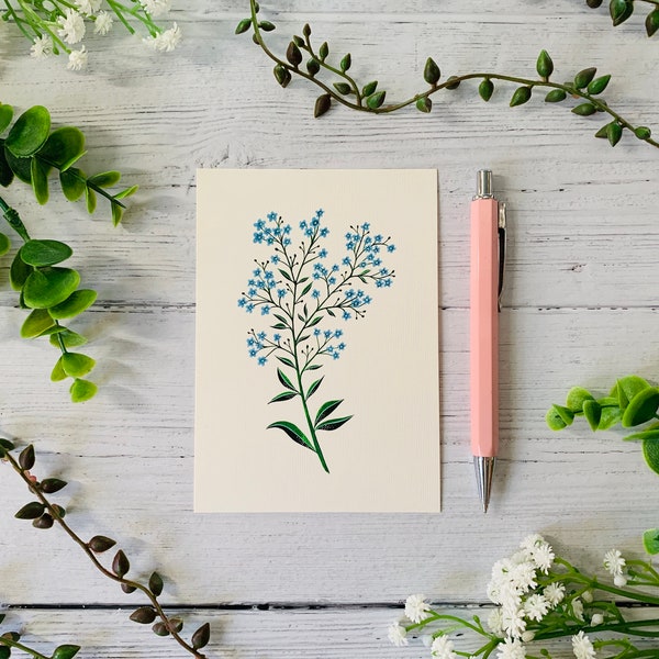 Forget-me-not Floral Postcard - Dainty Blue Flowers - Nature Illustrated - Watercolour Flower Leaves Notecard - A6 Card - Small Art Print