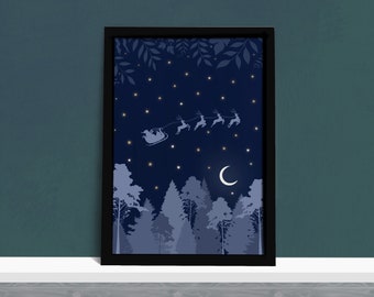 Schlitten des Weihnachtsmannes Art Print - Weihnachtsmann und fliegende Rentiere - Blaue Blumendekoration - Illustrierte Wandkunst - Feiertagsdekor