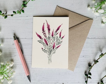 Heather Greeting Card - Bunch of Wildflowers - Purple Floral Illustration Art Card - Watercolour Flowers - Any Occasion Cards