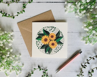 Sunflower Greeting Card - Watercolour Summer Garden Flower - Yellow Floral Card - Nature Illustrated - Botanical Notecard - Blank Inside