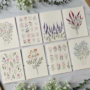 Lot de 8 cartes de voeux petites fleurs - emballage multiple de cartes d'art - paquet A6 floral délicat illustré à l'aquarelle - botanique - toutes les occasions - vierge