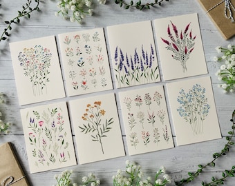 Kleine bloemen wenskaart set van 8 - kunstkaarten Multipack - aquarel geïllustreerd sierlijke bloemen A6 Pack - botanisch - elke gelegenheid - blanco