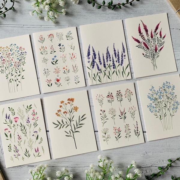 Tiny Flowers Greeting Card Set of 8 - Art Cards Multipack - Watercolour Illustrated Dainty Floral A6 Pack - Botanical - Any Occasion - Blank