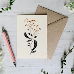 Carte de voeux fleur d'achillée millefeuille - Art botanique illustré d'automne - aquarelle ton neutre - A6 - intérieur vierge - enveloppe incluse