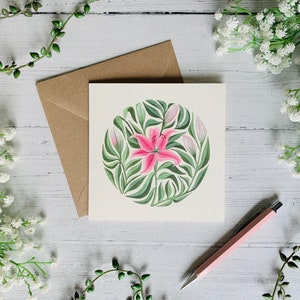 Lily Greeting Card - Pink Lilies Floral Illustrated - Watercolour Botanical Art Card - Blank Inside - Envelope Included