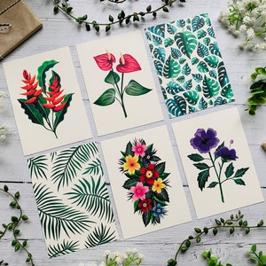 Ensemble de 6 cartes postales botaniques tropicales - Pack de cartes de notes fleurs et feuilles de la forêt tropicale - Nature Illustrated - Cartes d’art A6 - Mini tirages