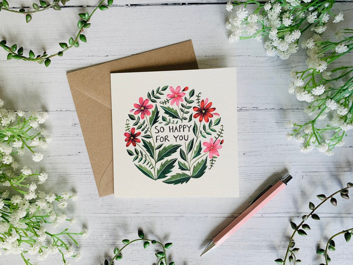 Congratulations Card - Illustrated so Happy for You - Floral Watercolor ...