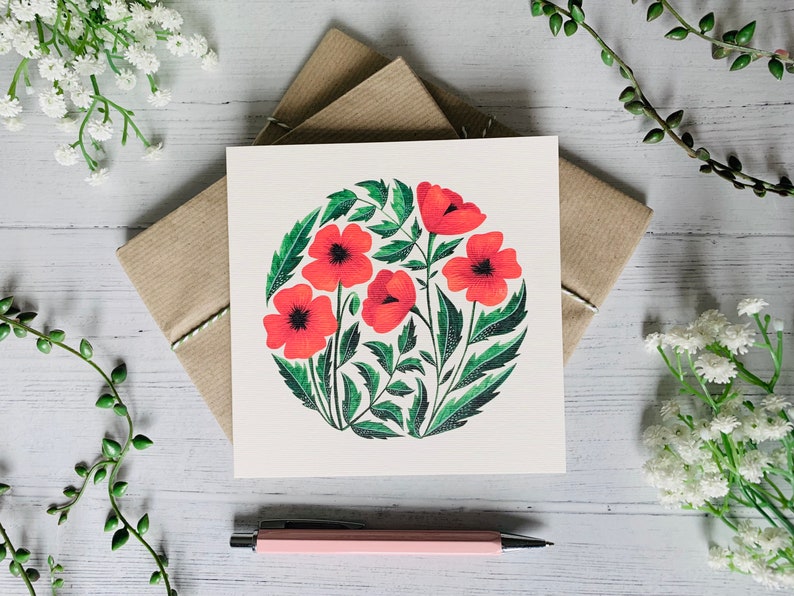Poppy Greeting Card Floral Poppies Watercolour Illustrated Art Card Botanical Flower Painting Blank Inside Envelope Included image 4