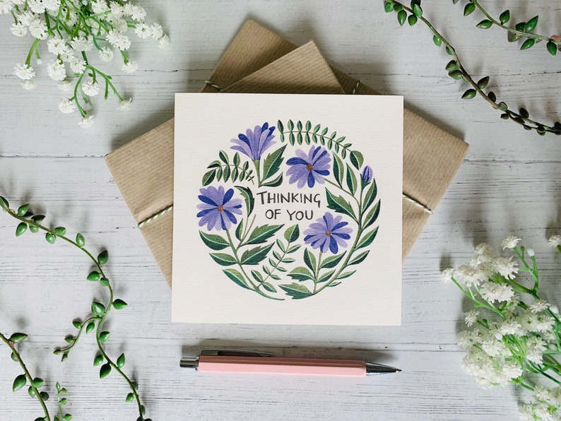 Thinking of You Floral Greeting Card Sympathy Just Because Watercolour Illustrated Botanical Card Blank Inside image 2