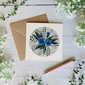 Carte de voeux bleuet - fleur bleue - carte florale de jardin aquarelle - nature illustrée - carte de correspondance botanique - blanc à l'intérieur