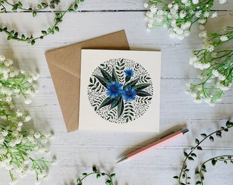 Cornflower Greeting Card - Blue Flower - Watercolour Garden Floral Card - Nature Illustrated - Botanical Notecard - Blank Inside