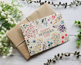 Tarjeta del Día de la Madre Feliz - Jardín de flores silvestres botánicas - Tarjeta A6 de arte ilustrado en acuarela