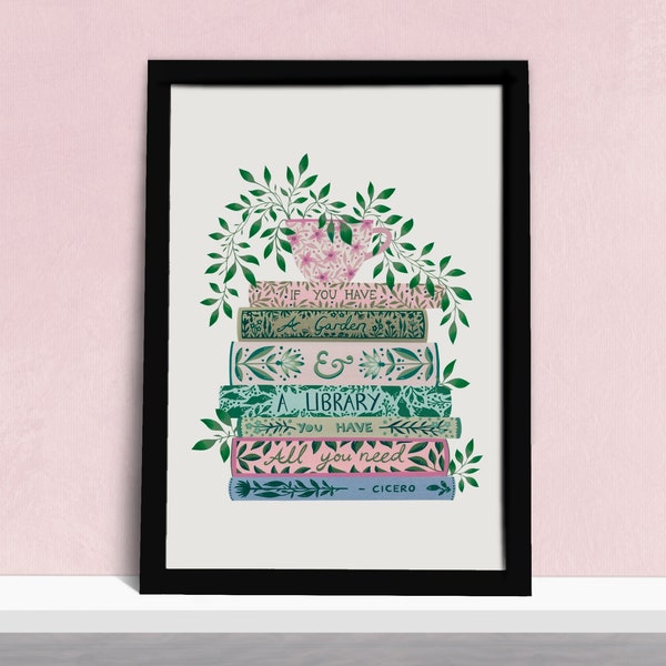 Book Lovers Art Print - Books, Tea and Plants - Literary Quote Wall Decor - Gifts for Readers - Pink and Green Watercolour Illustration