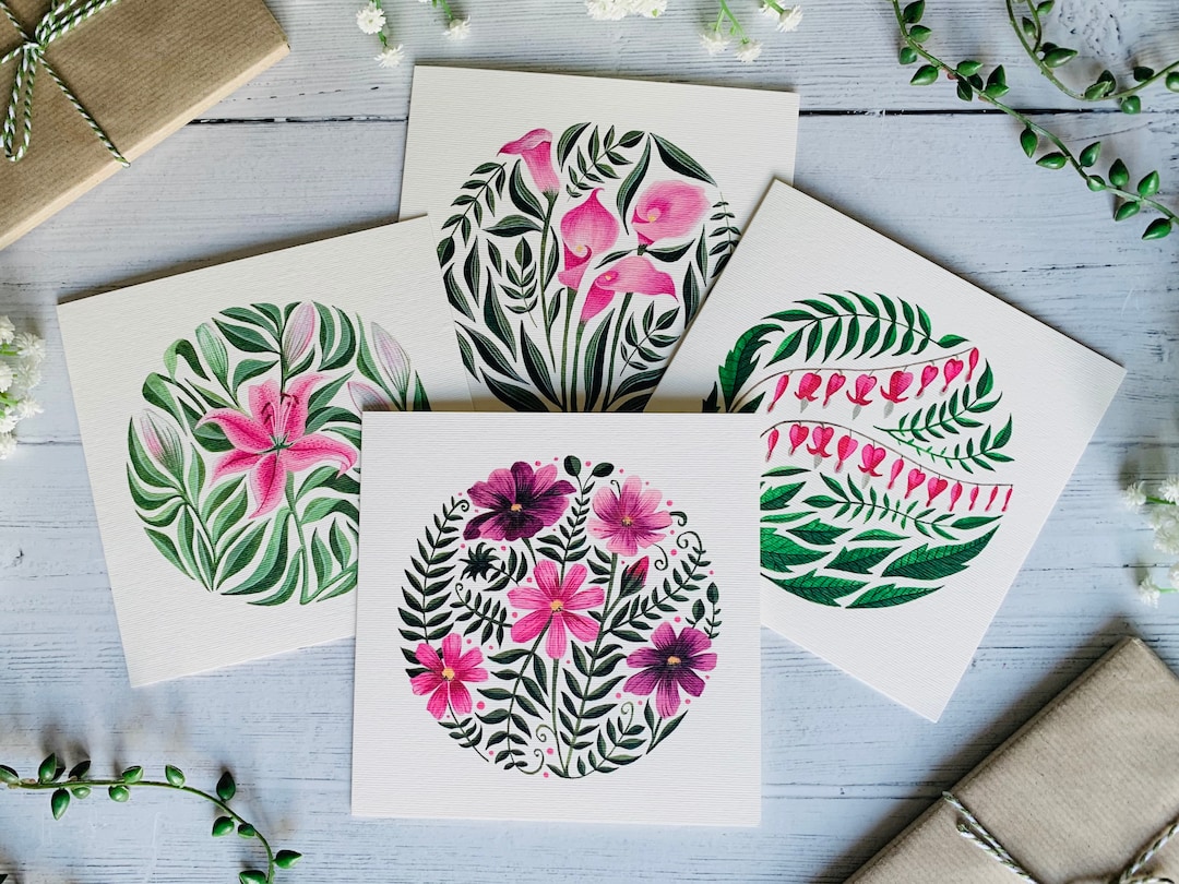 Pink Floral Greeting Card Set of 4 - Art Cards Multipack - Watercolour ...