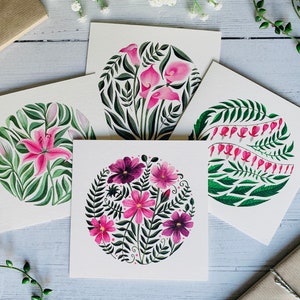 Rosa Blumen Grußkarte 4er Set - Kunstkarten Multipack - Aquarell Botanische Illustrierte Packung - Jeden Anlass - Luxus - Innen leer