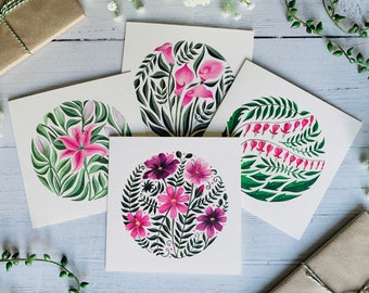 Juego de 4 tarjetas de felicitación con motivos florales en color rosa. Paquete de tarjetas artísticas con ilustraciones botánicas en acuarela. Para cualquier ocasión. Lujo. Interior en blanco.