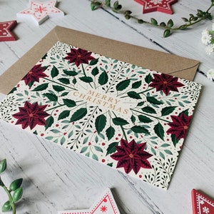 Botanical Christmas Card Poinsettia Holly Mistletoe Illustrated Xmas Art Holiday Greeting Card Kraft Envelope Included image 5