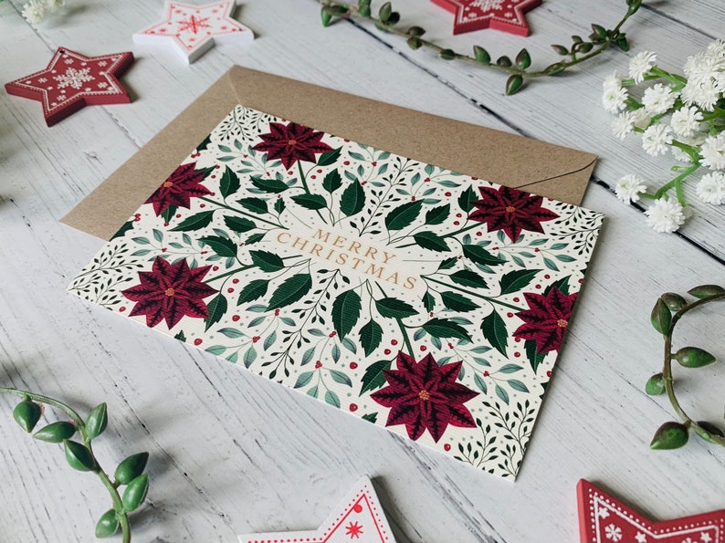 Botanical Christmas Card Poinsettia Holly Mistletoe Illustrated Xmas Art Holiday Greeting Card Kraft Envelope Included image 5