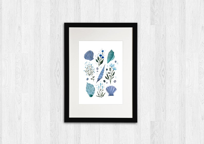 Blue Watercolour Illustration Artists Print A5 Coastal Wildflowers and Shells Art Print A4 or A3 Beach Seashells Poster